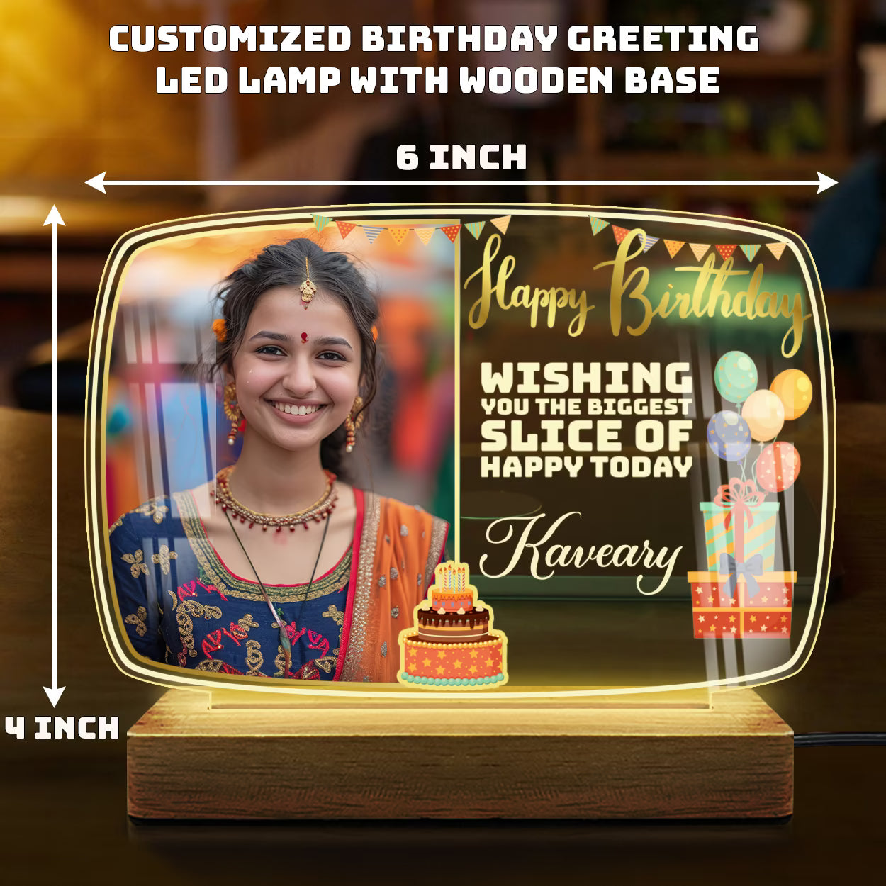 Birthday Lamp with LED Wooden Base – Landscape