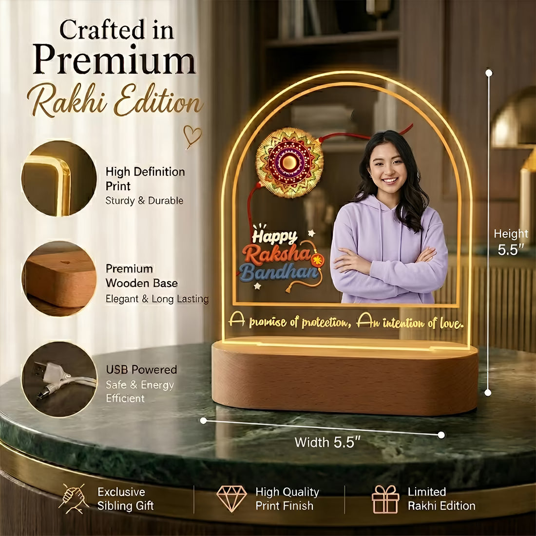 Infographic View of Happy Raksha Bandhan custom photo acrylic LED lamp with Rakhi motif and quote