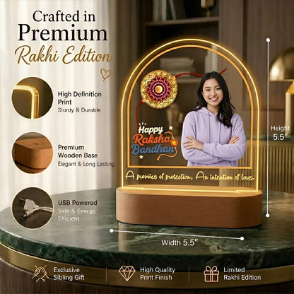 Infographic View of Happy Raksha Bandhan custom photo acrylic LED lamp with Rakhi motif and quote