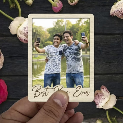 Best Bro Ever custom photo wooden fridge magnet with polaroid design and heart