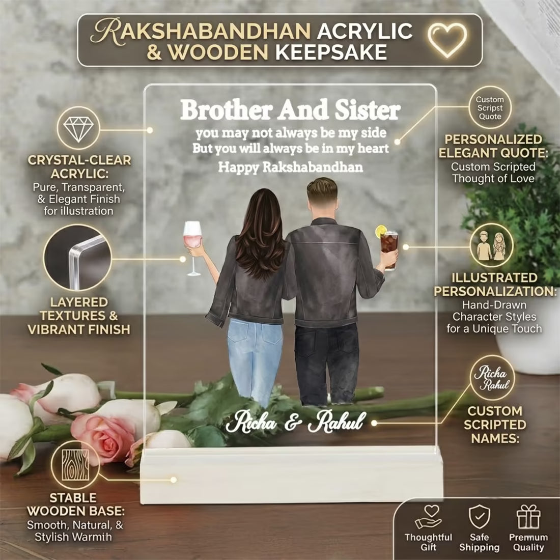 Infographic View of Custom acrylic photo frame with Richa and Rahul names, brother and sister quote for Rakhi gift