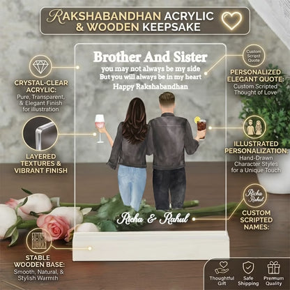 Infographic View of Custom acrylic photo frame with Richa and Rahul names, brother and sister quote for Rakhi gift