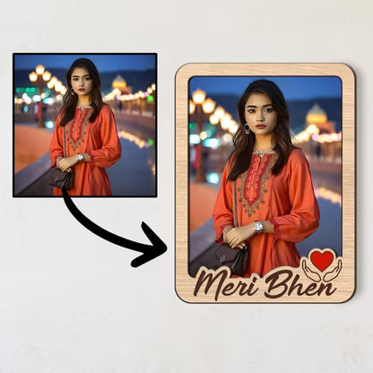 Meri Bhen custom photo wooden fridge magnet with script and red heart accent