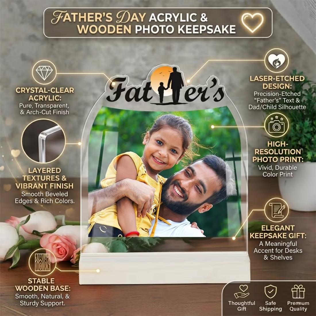 Personalised Father's Day arch acrylic photo plaque with father and daughter photo on wooden base keepsake gift
