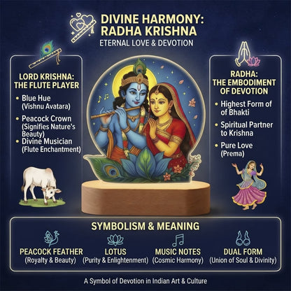 Radha Krishna acrylic LED lamp with rechargeable wireless wooden base and warm glow – spiritual gift by Fashionury