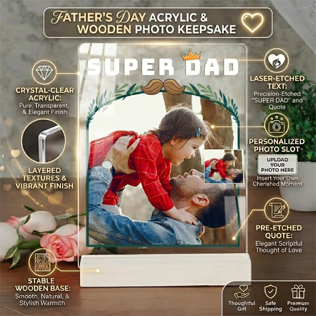Personalised Super Dad acrylic photo plaque with father and daughter photo on wooden base for Father's Day gift
