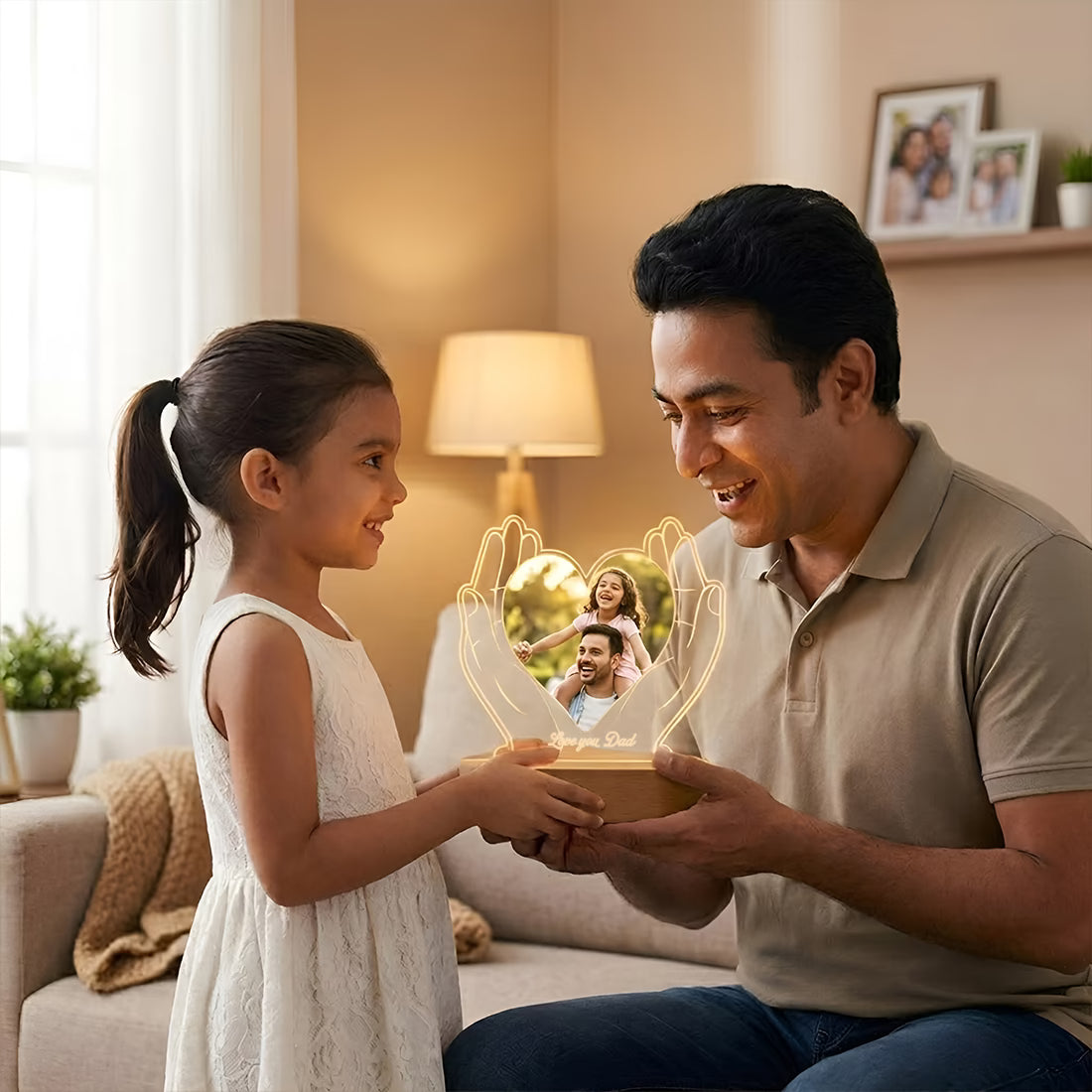 Love You Dad hand heart acrylic LED photo lamp with father daughter portrait

