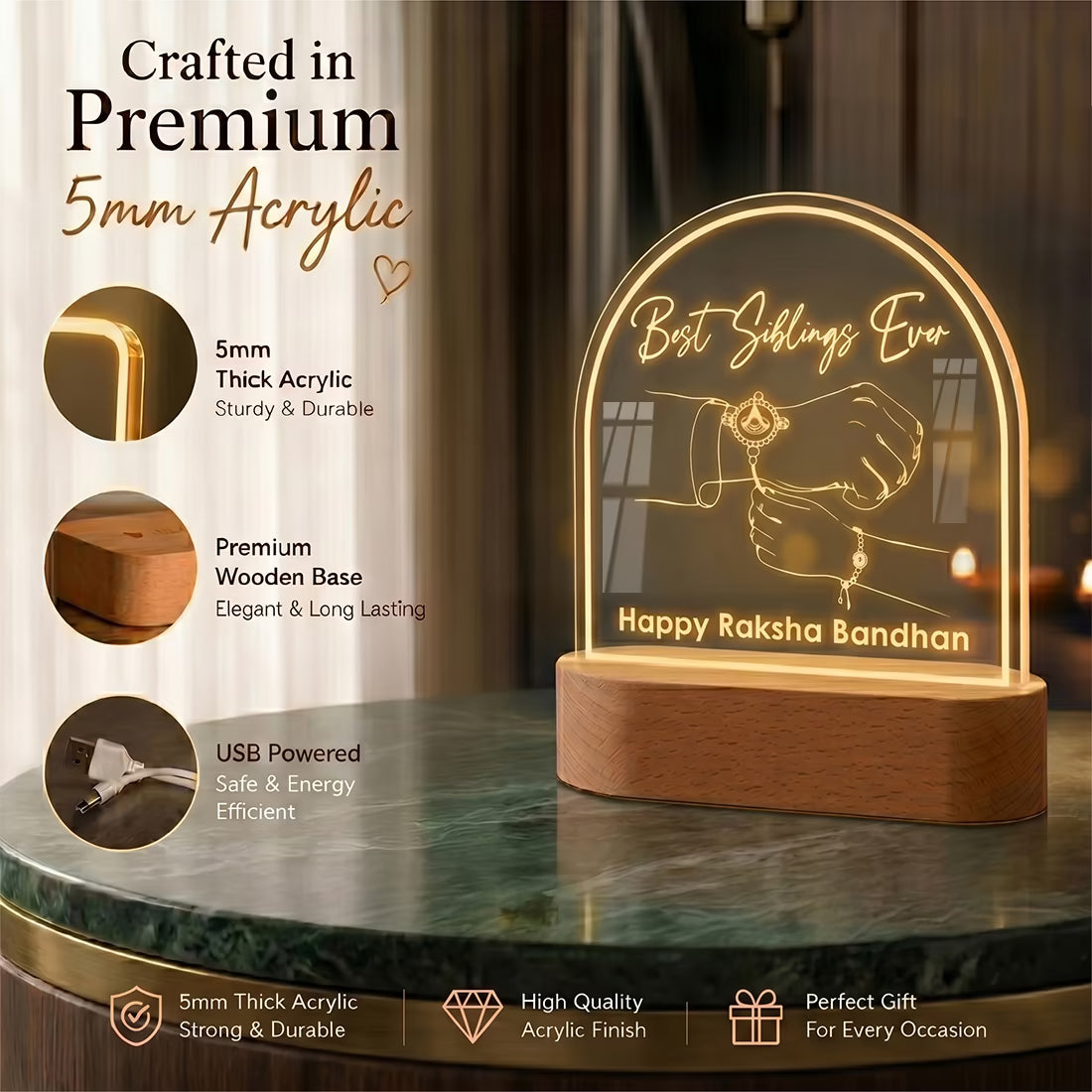 Infographic View of Best Siblings Ever Raksha Bandhan acrylic LED lamp with Rakhi tying line art