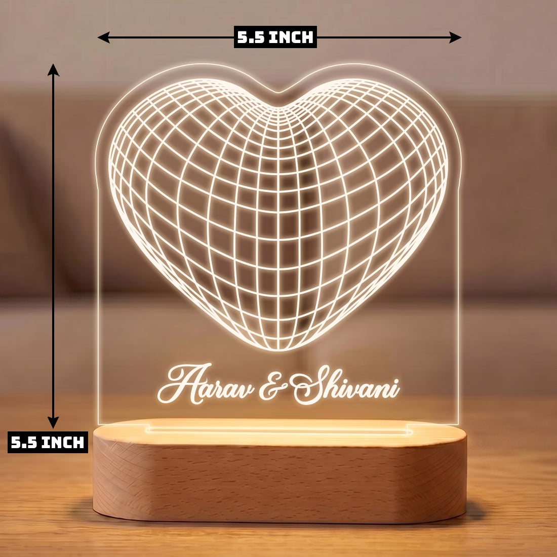 3D Heart laser engraved acrylic LED lamp with custom couple names on wooden base