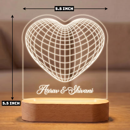 3D Heart laser engraved acrylic LED lamp with custom couple names on wooden base