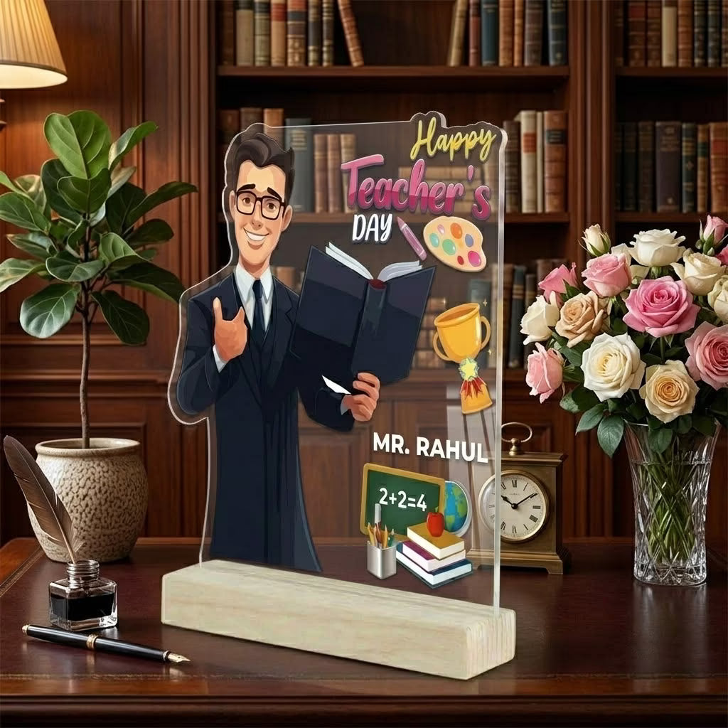 Personalized Teachers Day acrylic plaque for sir with custom name and male teacher cartoon design on wooden base – Fashionury