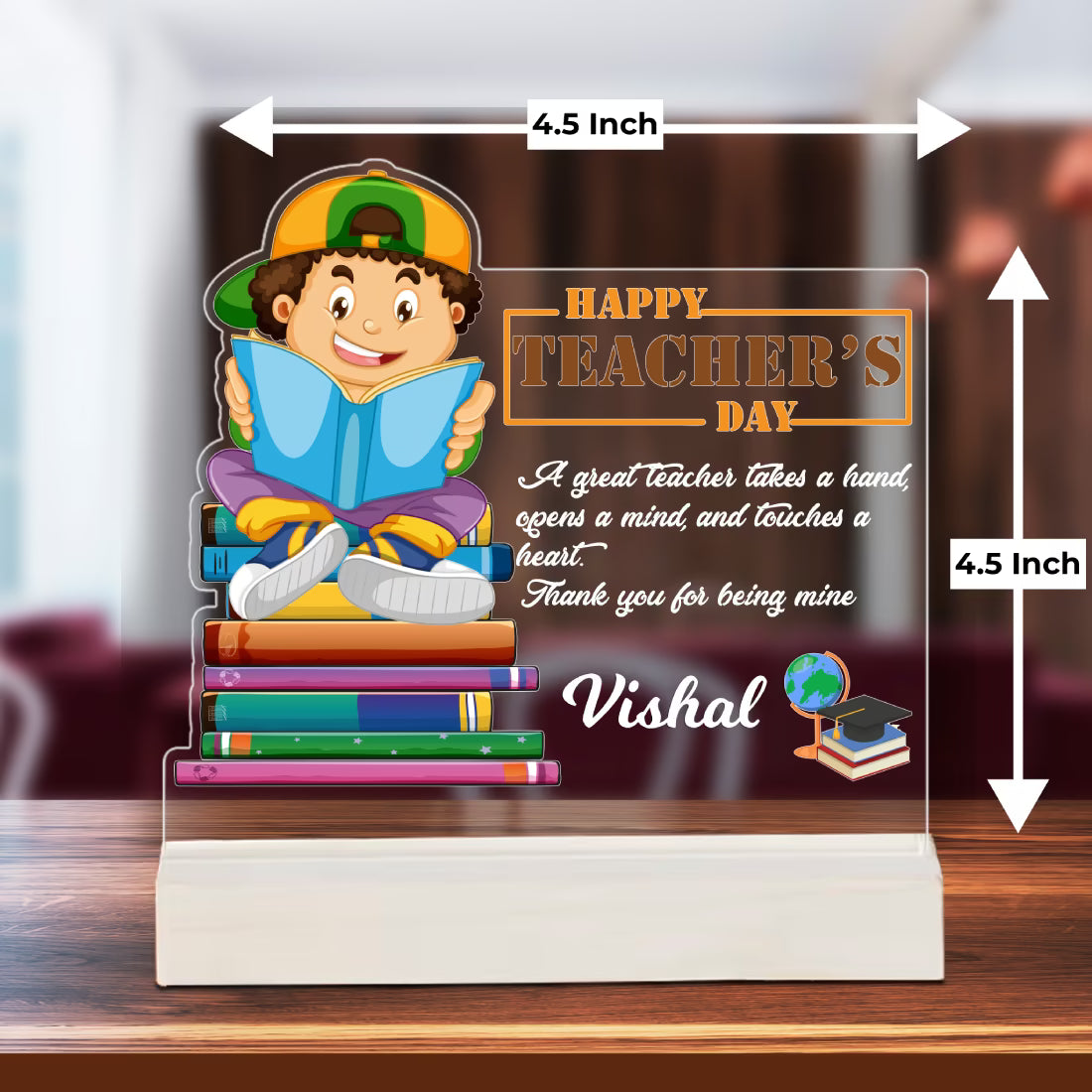 Personalized Happy Teachers Day acrylic plaque with custom name, quote and cartoon design on wooden base – Fashionury