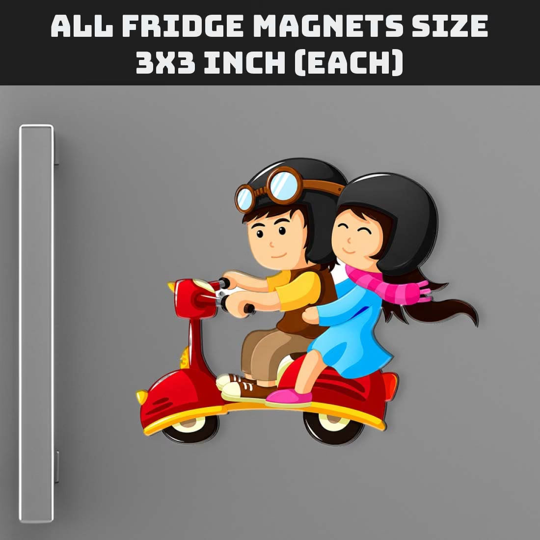 Cute couple riding scooter MDF fridge magnet in colourful cartoon design – Fashionury