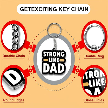 Strong Like Dad acrylic keychain with bold white typography and metal ring