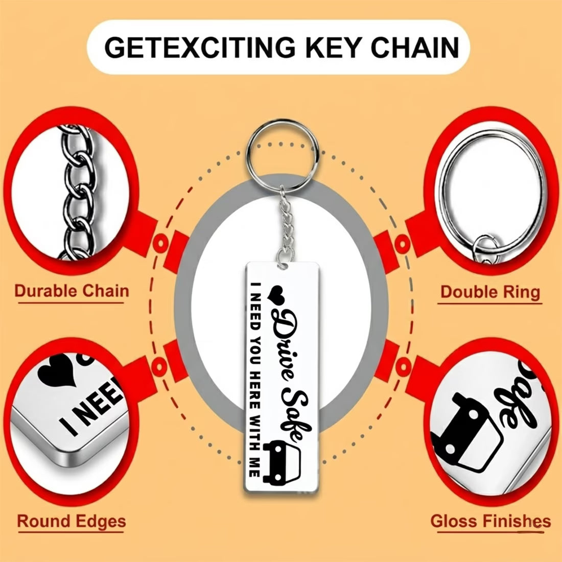 Drive Safe acrylic keychain with heartfelt quote, car and heart design