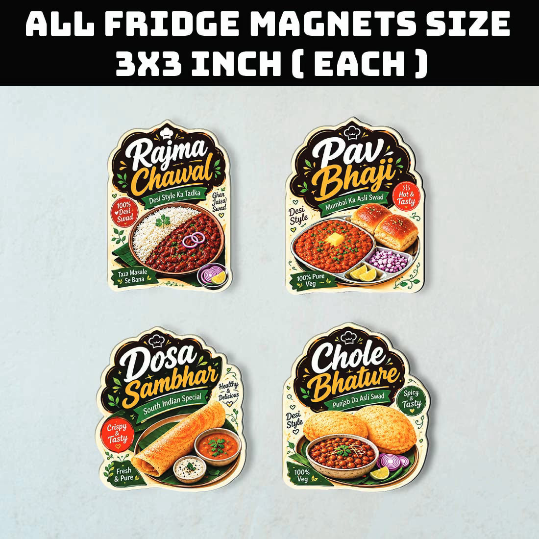 Indian thali food MDF fridge magnet set of 4 with Rajma Chawal, Pav Bhaji, Dosa Sambhar and Chole Bhature designs – Fashionury