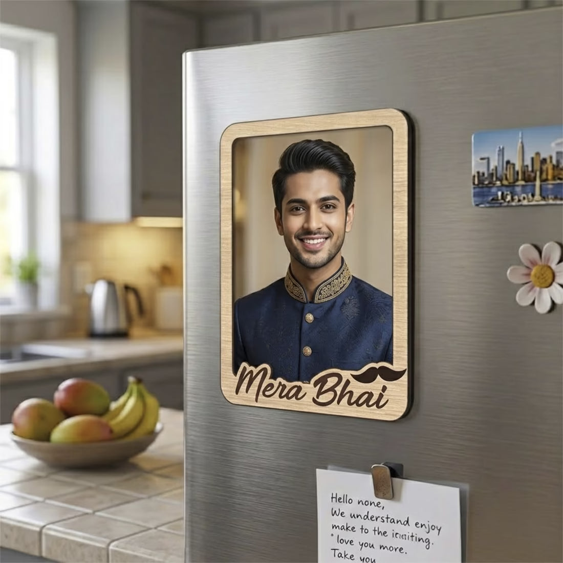 Mera Bhai custom photo wooden fridge magnet with script and mustache accent