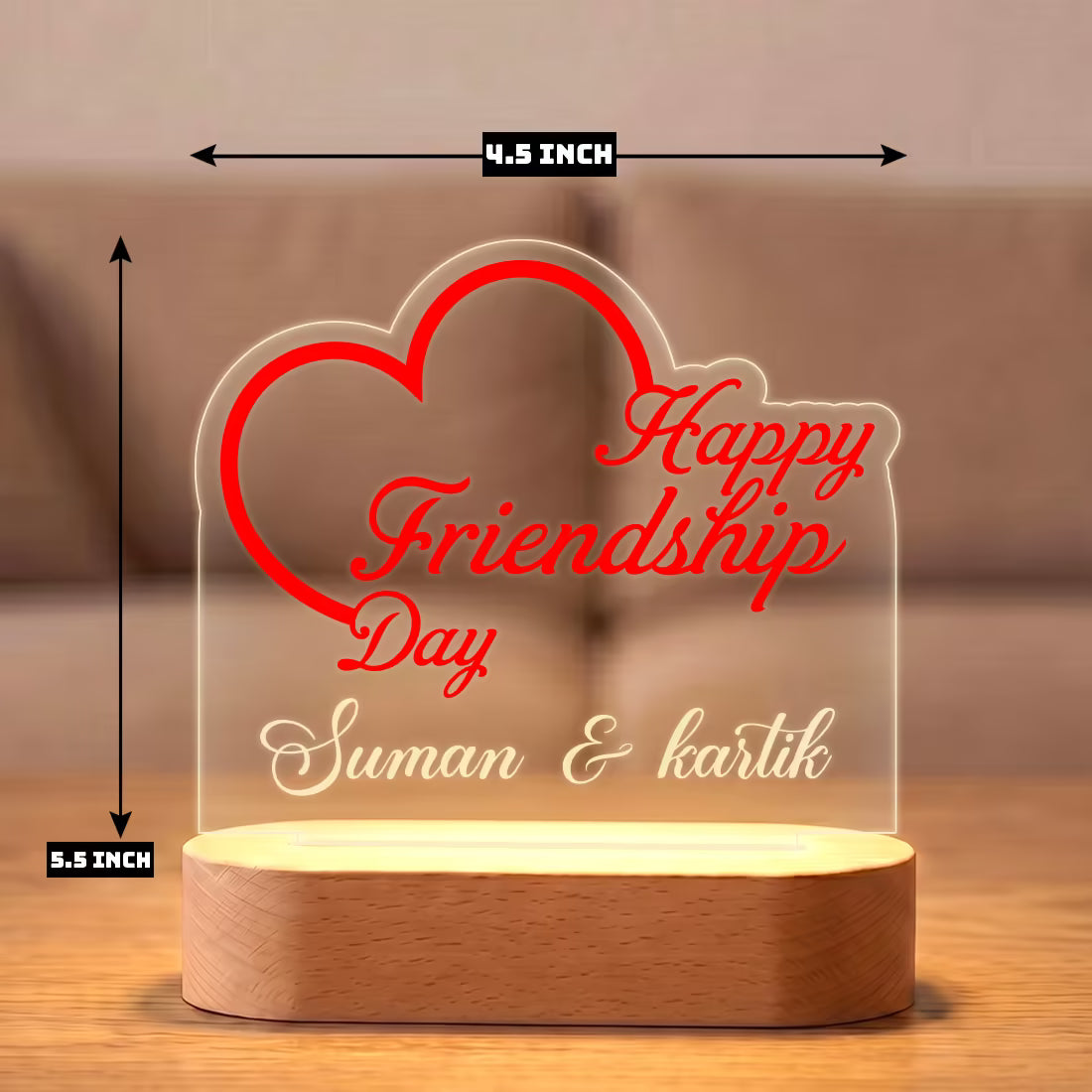 Dimension of Happy Friendship Day acrylic LED lamp with heart design and custom bestie names