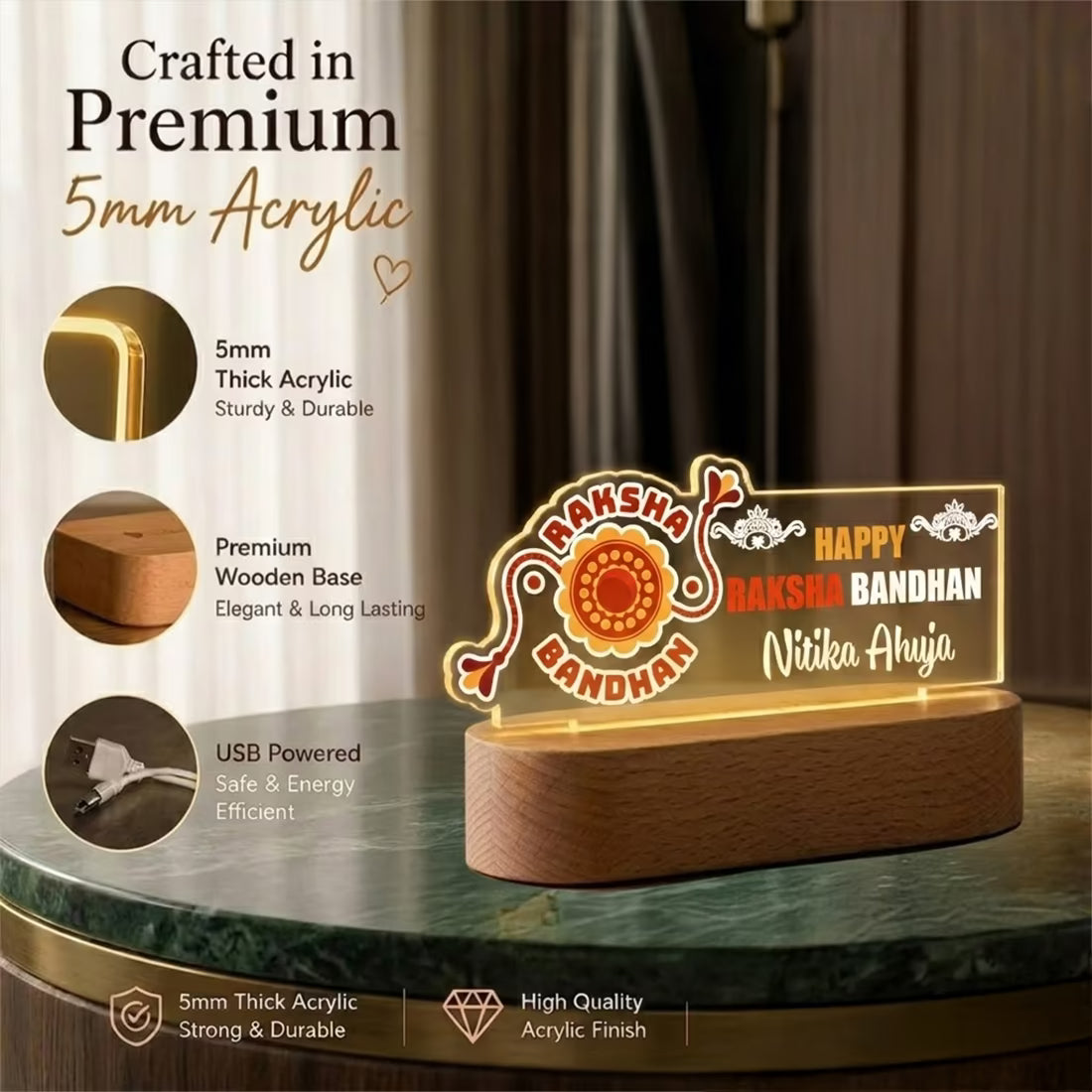 Infographic view of Happy Raksha Bandhan acrylic LED lamp with custom name and festive Rakhi motif