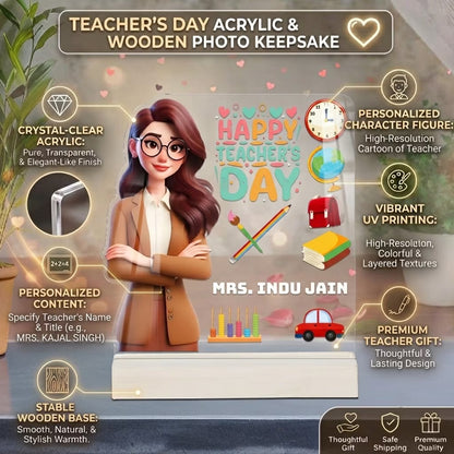 Personalized Teachers Day acrylic plaque for madam with custom name and female teacher cartoon design – Fashionury