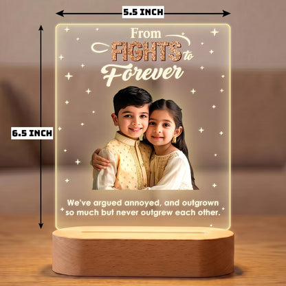 Size View of Fights to Forever acrylic LED photo lamp with sibling portrait and quote