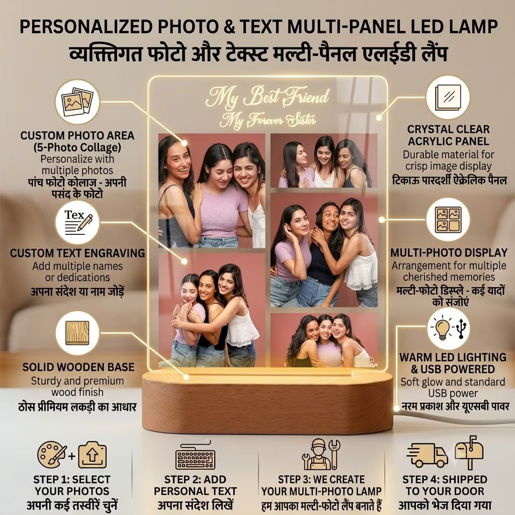 Fashionury Custom My Best Friend My Forever Sister 5 Photo Collage Acrylic LED Lamp with Golden Engraving and Warm Oval Wooden Base