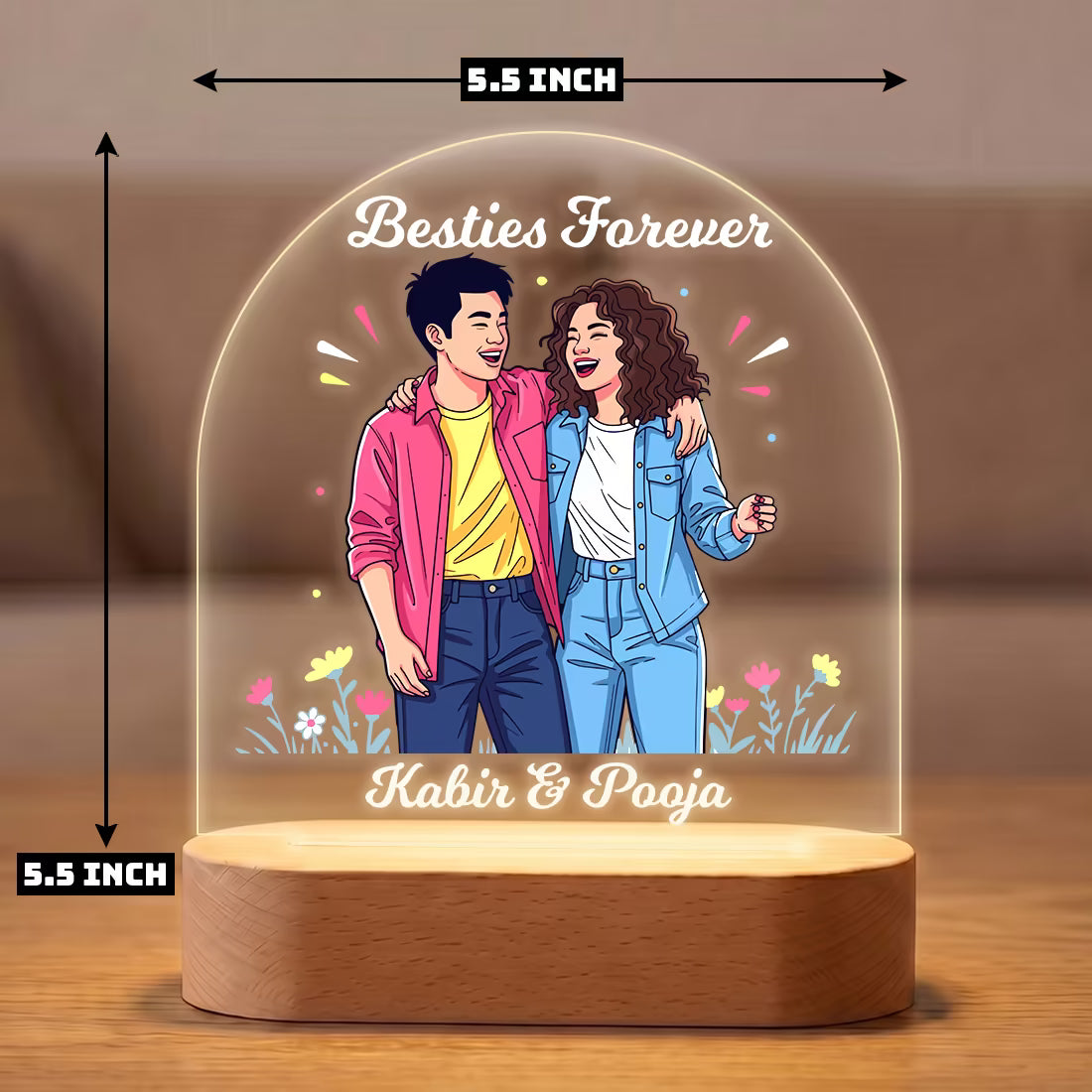 Besties Forever acrylic LED lamp with bestie duo illustration and custom names
