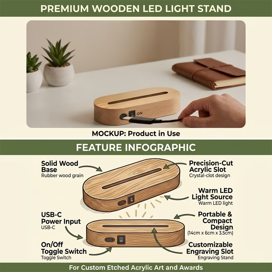 Infographic view of a wireless Wooden LED lamp 