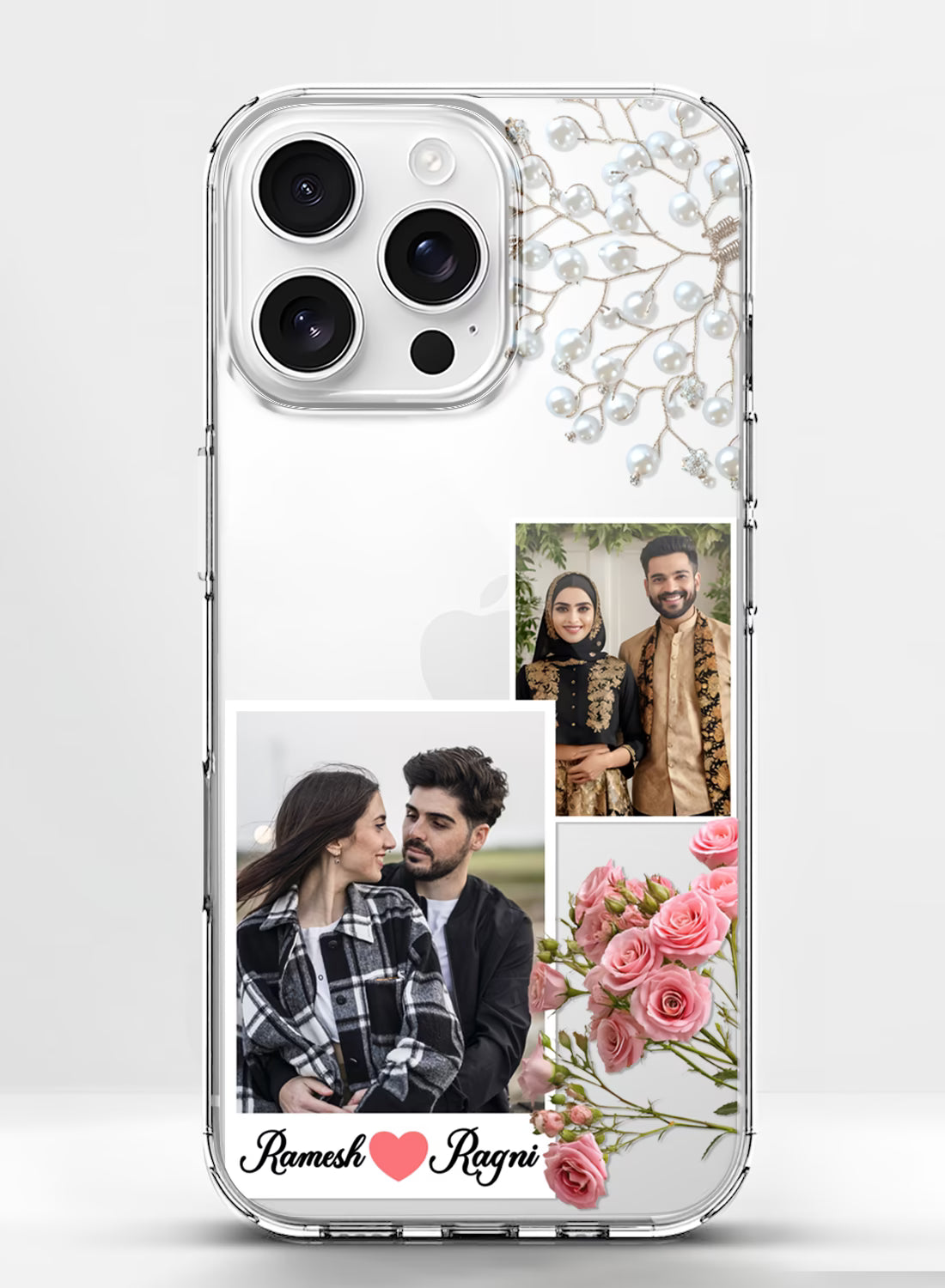 Pearl Rose Dual Photo & Couple Name Custom Silicone Cover