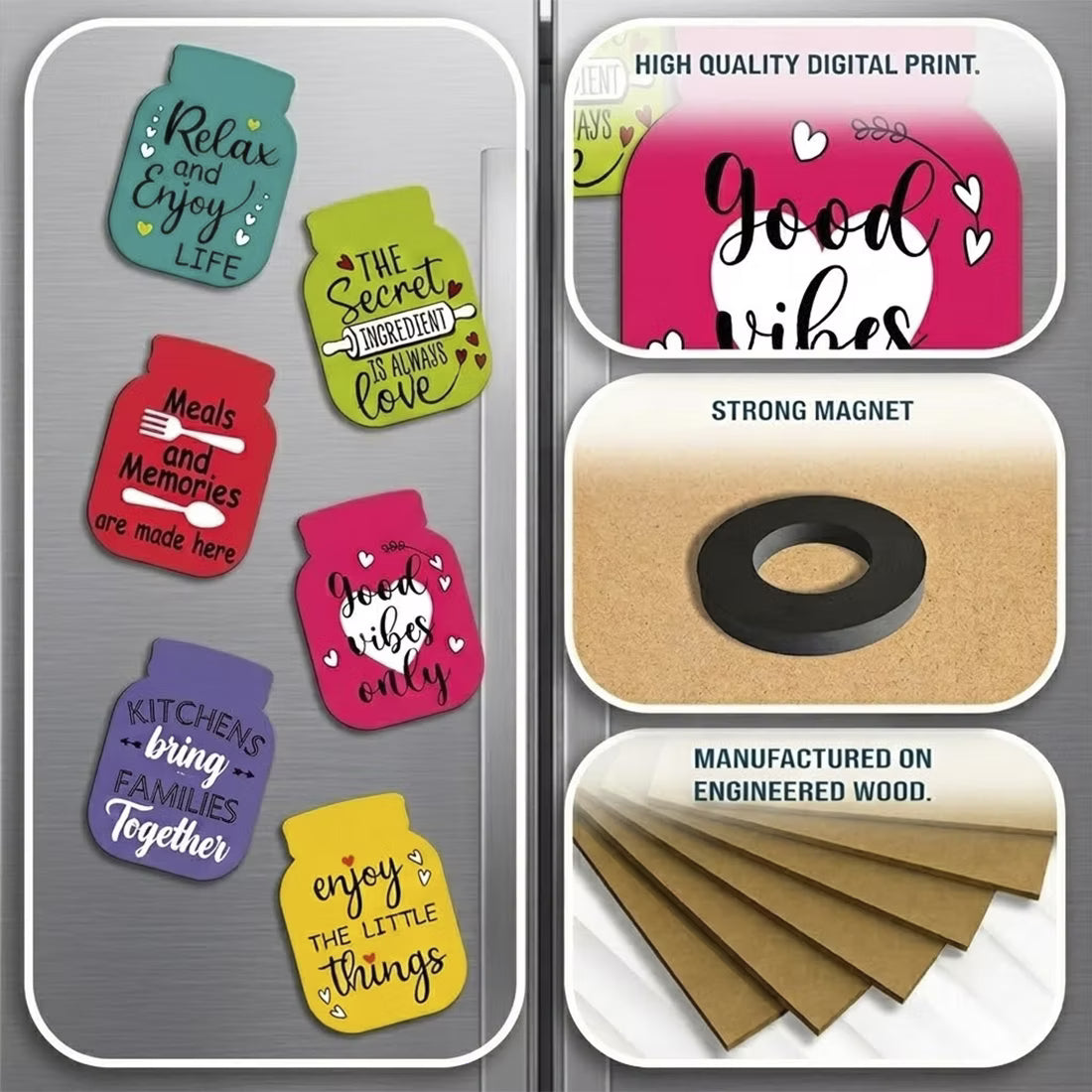 Kitchen Quotes jar MDF wooden fridge magnet set of 6 with colourful designs
