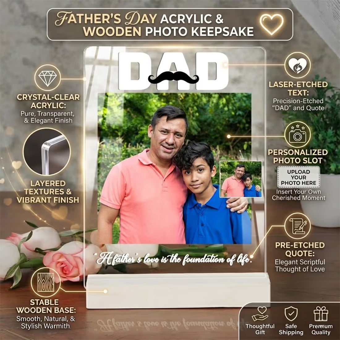 Father's Day acrylic and wooden photo keepsake with a man and child, featuring laser-etched text and customizable photo slot.
