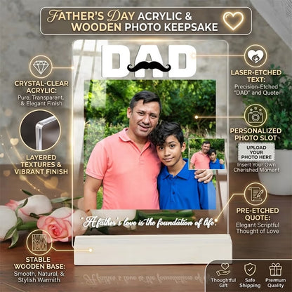 Father's Day acrylic and wooden photo keepsake with a man and child, featuring laser-etched text and customizable photo slot.