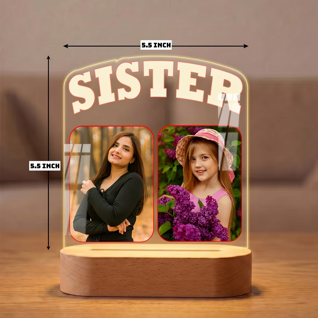 Size View of Sister custom 2 photo acrylic LED lamp with bold typography on wooden base