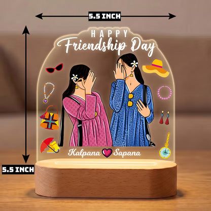 Happy Friendship Day acrylic LED lamp with bestie duo illustration and names