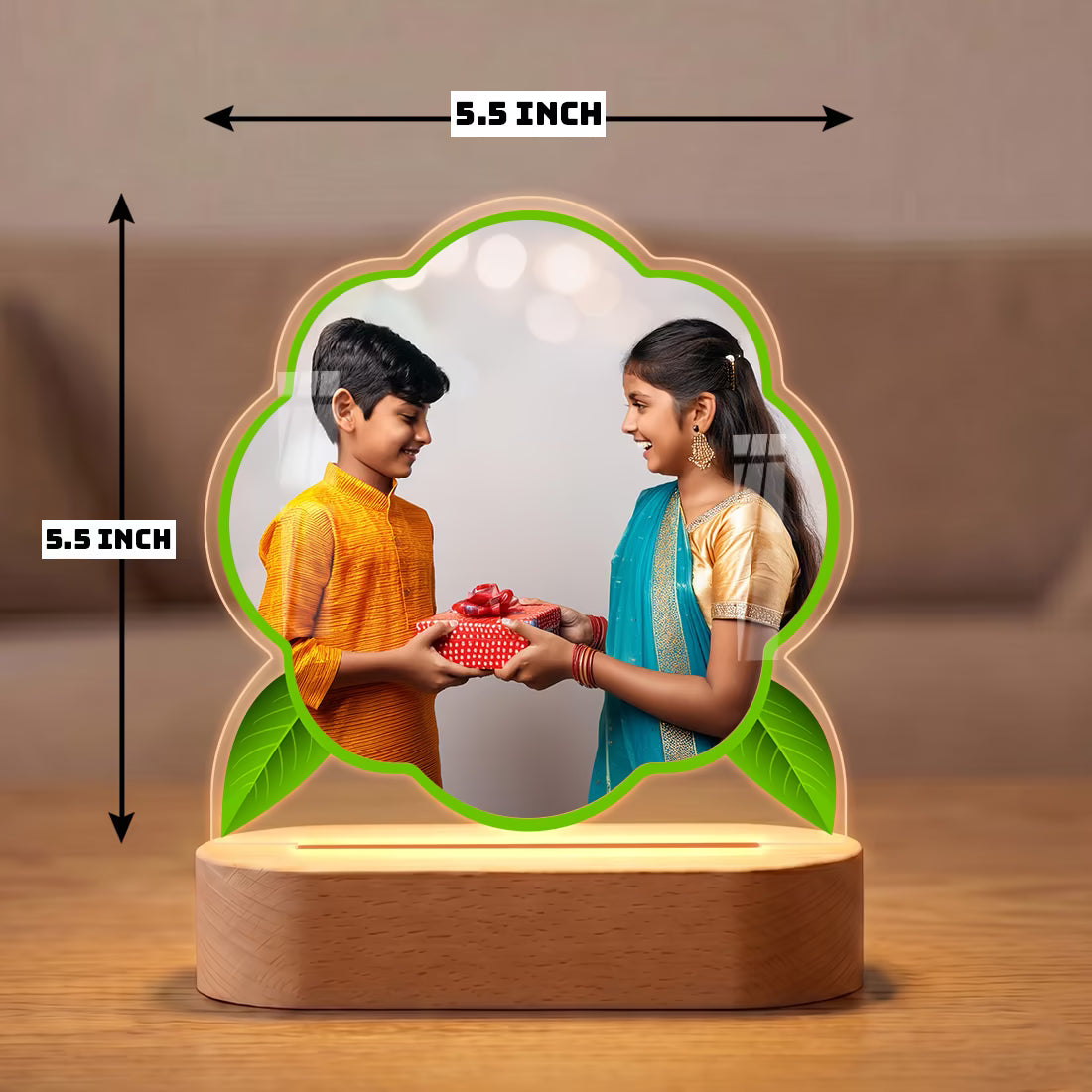 Raksha Bandhan custom photo acrylic LED lamp with floral cut and wooden base