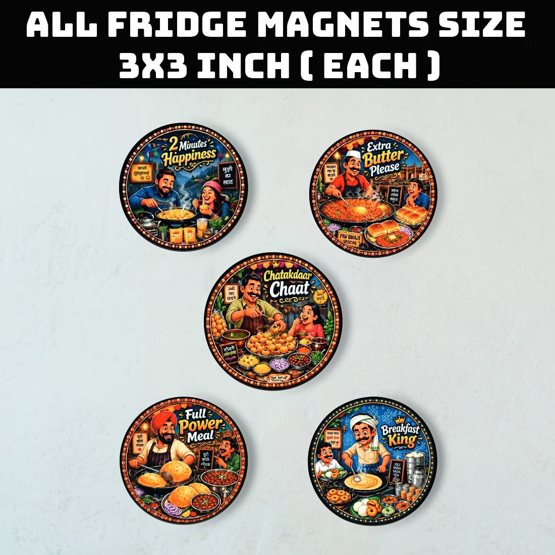Indian street food MDF fridge magnet set of 5 with Maggi, Pav Bhaji, Chaat, Chole Bhature and Dosa designs – Fashionury