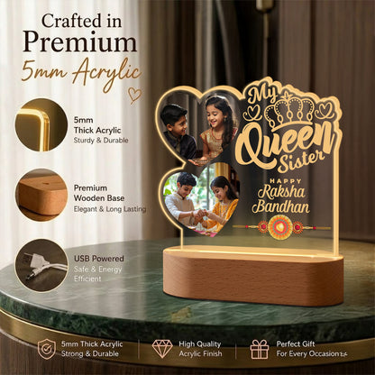 My Queen Sister Raksha Bandhan acrylic LED lamp with two heart photos and crown