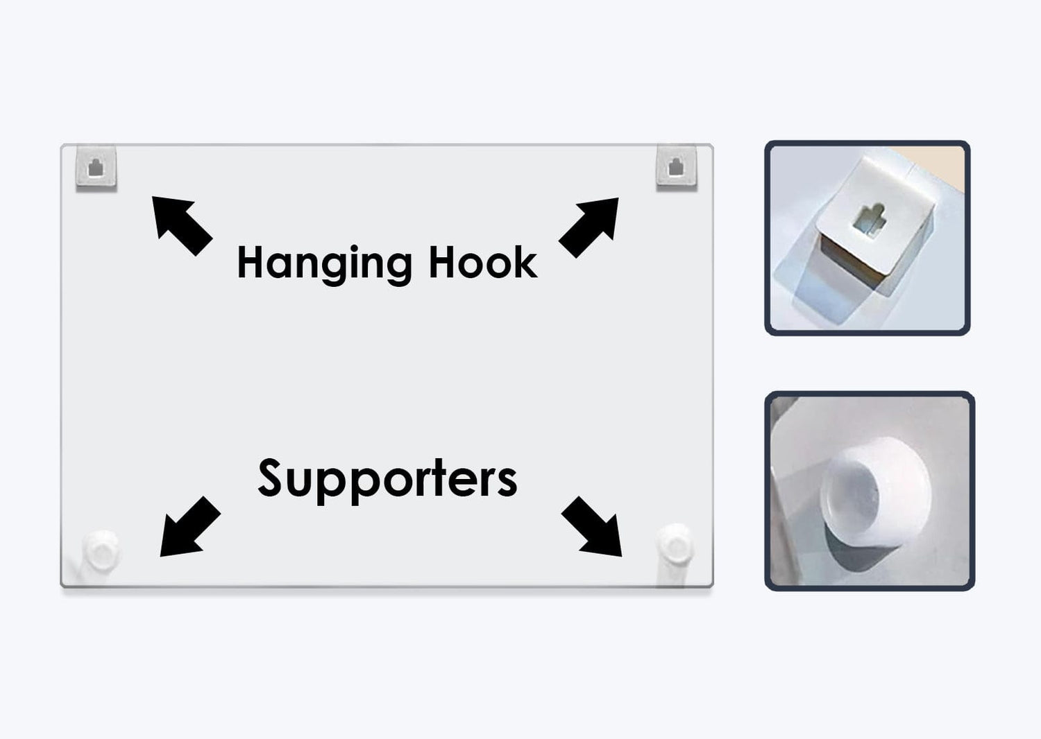 Back of landscape acrylic wall photo frame showing two hanging hooks and bottom supporters for wall mounting