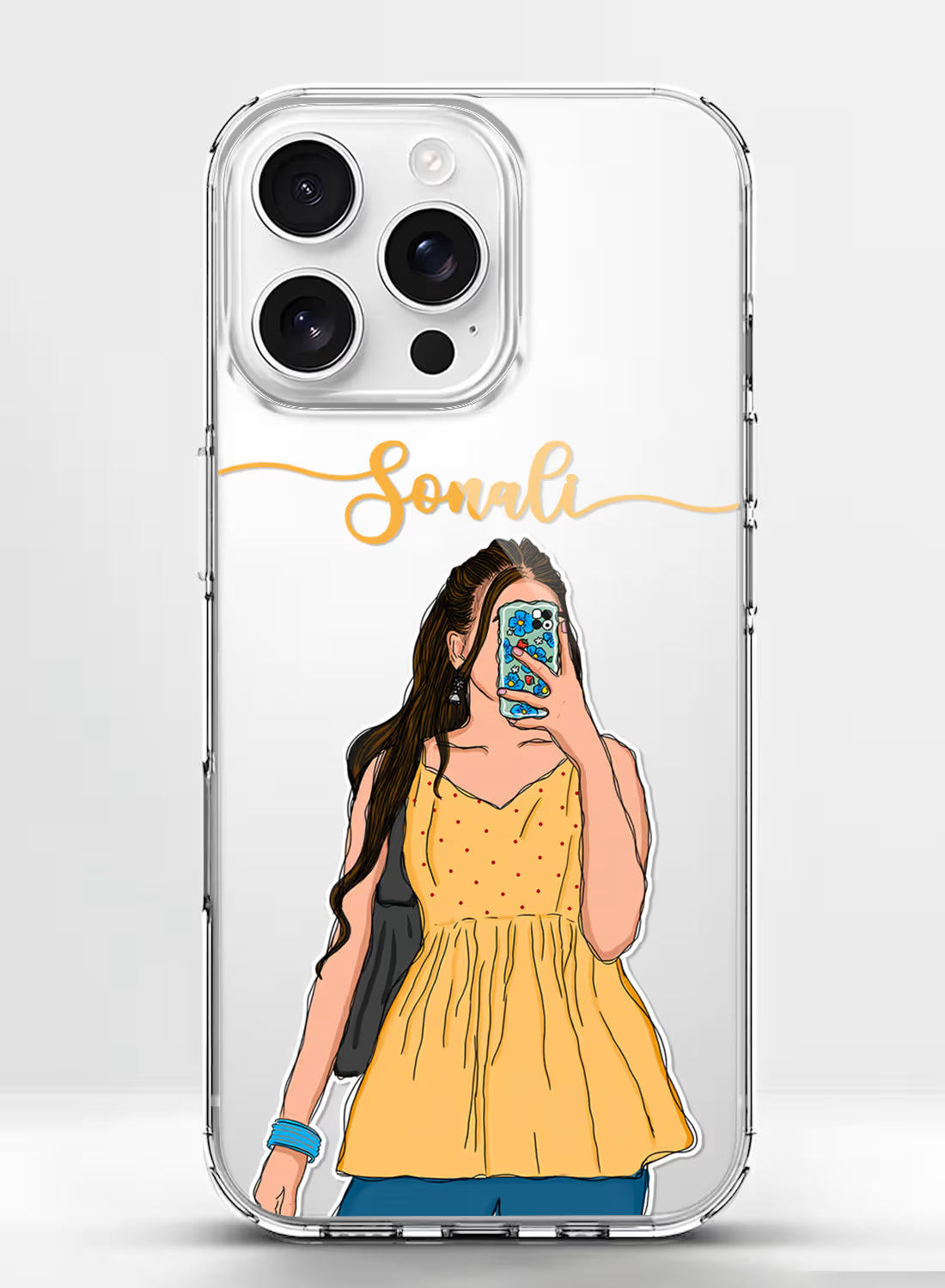Custom name Sonali printed on clear silicone phone cover with mirror selfie girl design