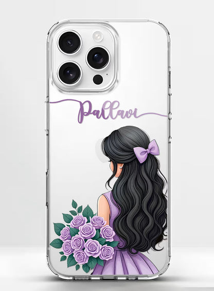 Custom name Pallavi printed on clear silicone phone cover with lavender rose bouquet girl design