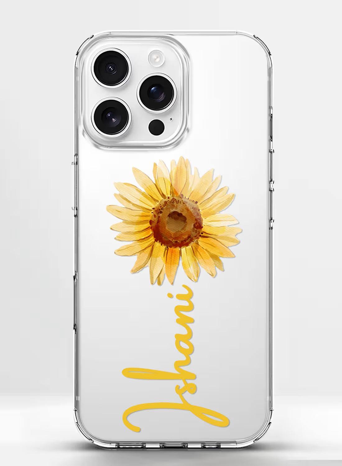 Custom name Jhanvi printed in golden script on clear silicone phone cover with sunflower design
