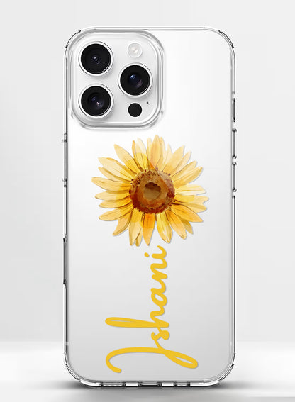 Custom name Jhanvi printed in golden script on clear silicone phone cover with sunflower design
