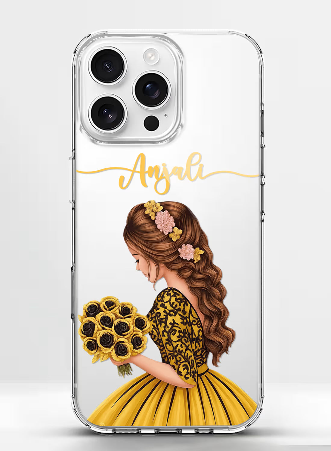 Custom UV-printed clear silicone phone cover with girl in yellow gown holding rose bouquet and script name text