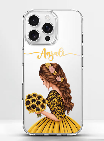 Custom UV-printed clear silicone phone cover with girl in yellow gown holding rose bouquet and script name text