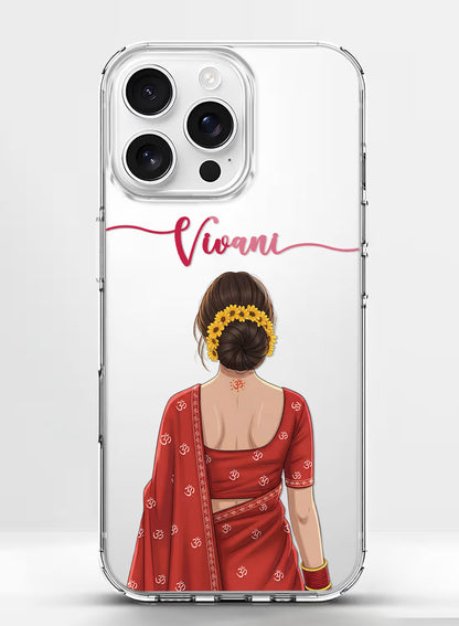 Custom name Vivani printed on clear silicone phone cover with ethnic saree girl and Om print design