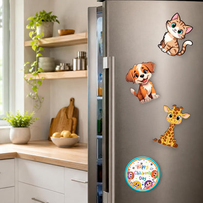Happy Children's Day MDF fridge magnet set of 4 with puppy, kitty and giraffe cartoon designs – Fashionury