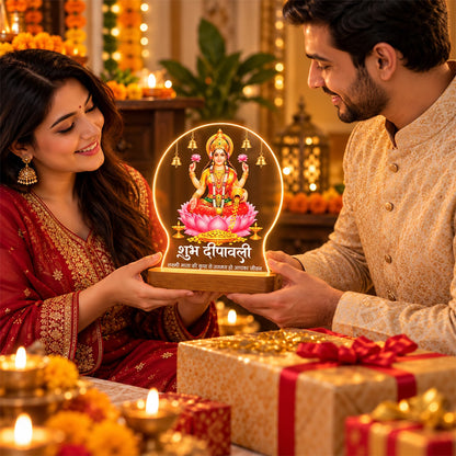 Shubh Deepavali Maa Lakshmi acrylic LED table lamp with lotus and temple bells design on warm glow wooden stand – Fashionury