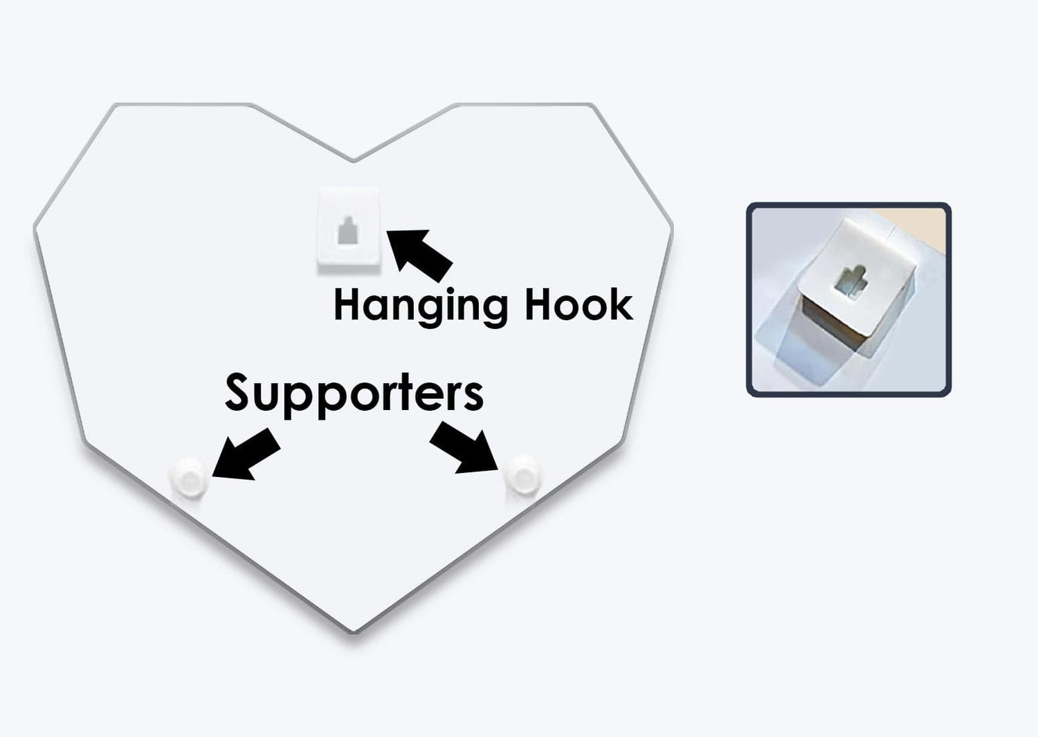 Mounting hardware detail on heart acrylic frame back featuring top hook and support studs