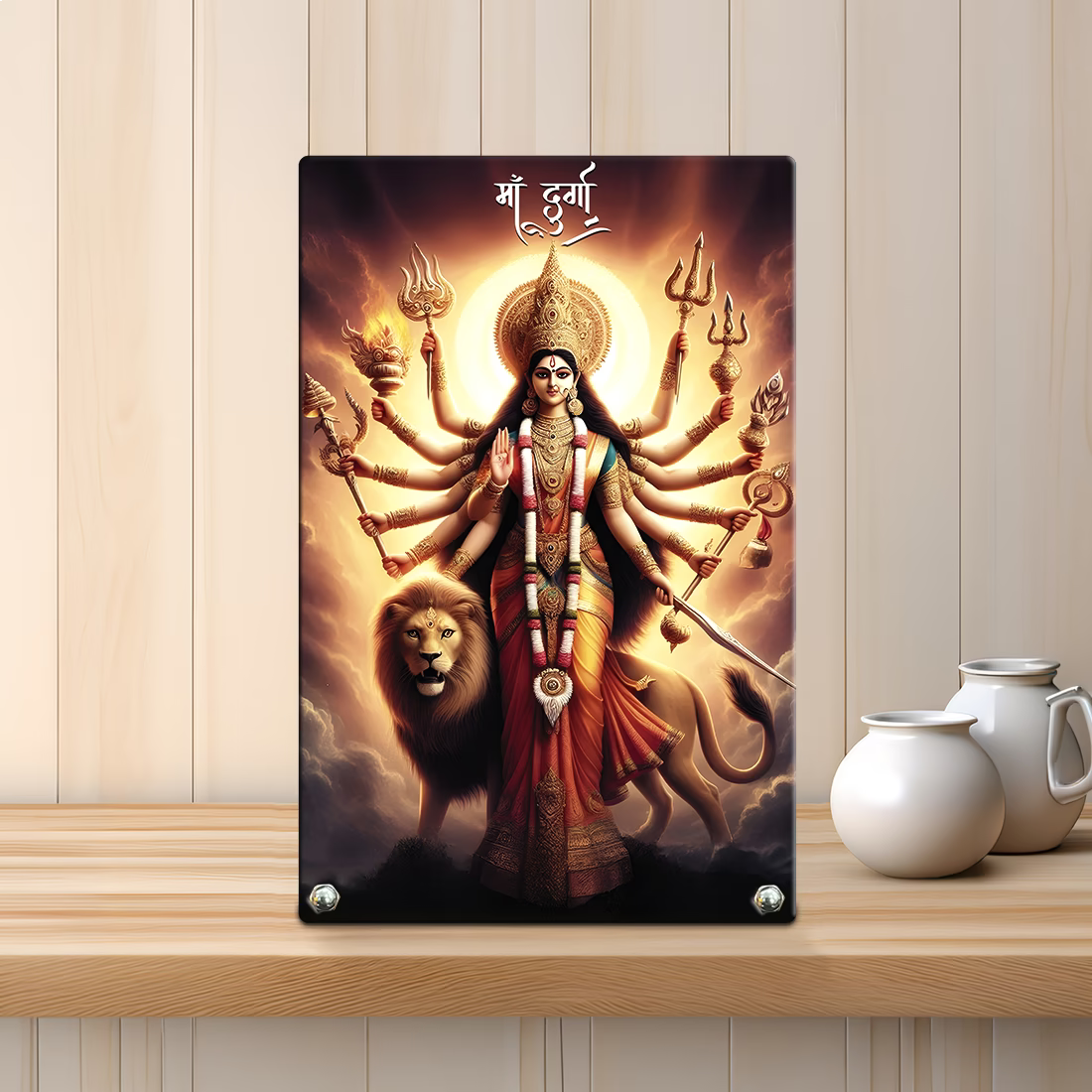 Maa Durga acrylic tabletop photo frame with lion and trishul design on steel standoffs – Navratri decor by Fashionury