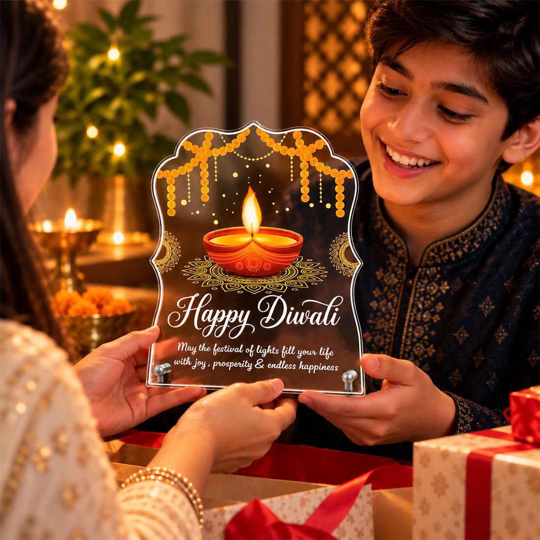 Happy Diwali acrylic tabletop frame with diya, marigold toran and mandala design on metal stand – Fashionury